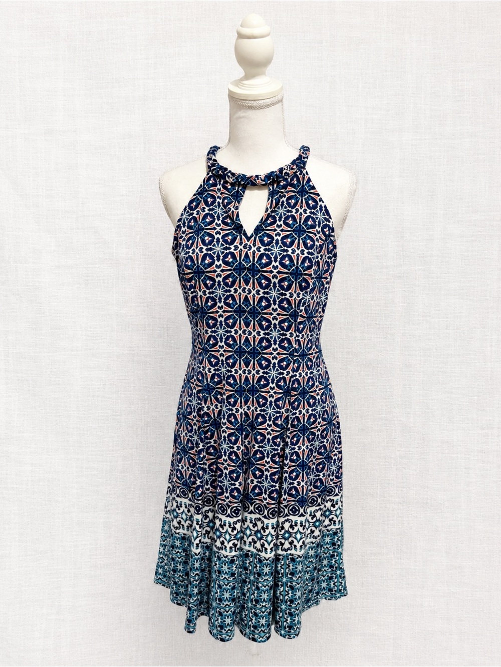 Navy & Teal Printed Halter Dress